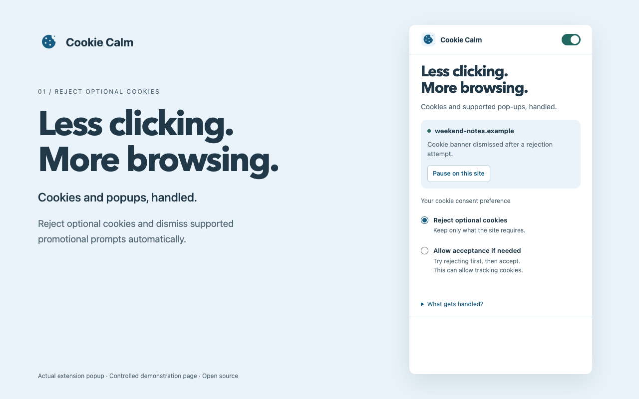 Cookie Calm's popup with reject optional cookies selected on a demonstration website